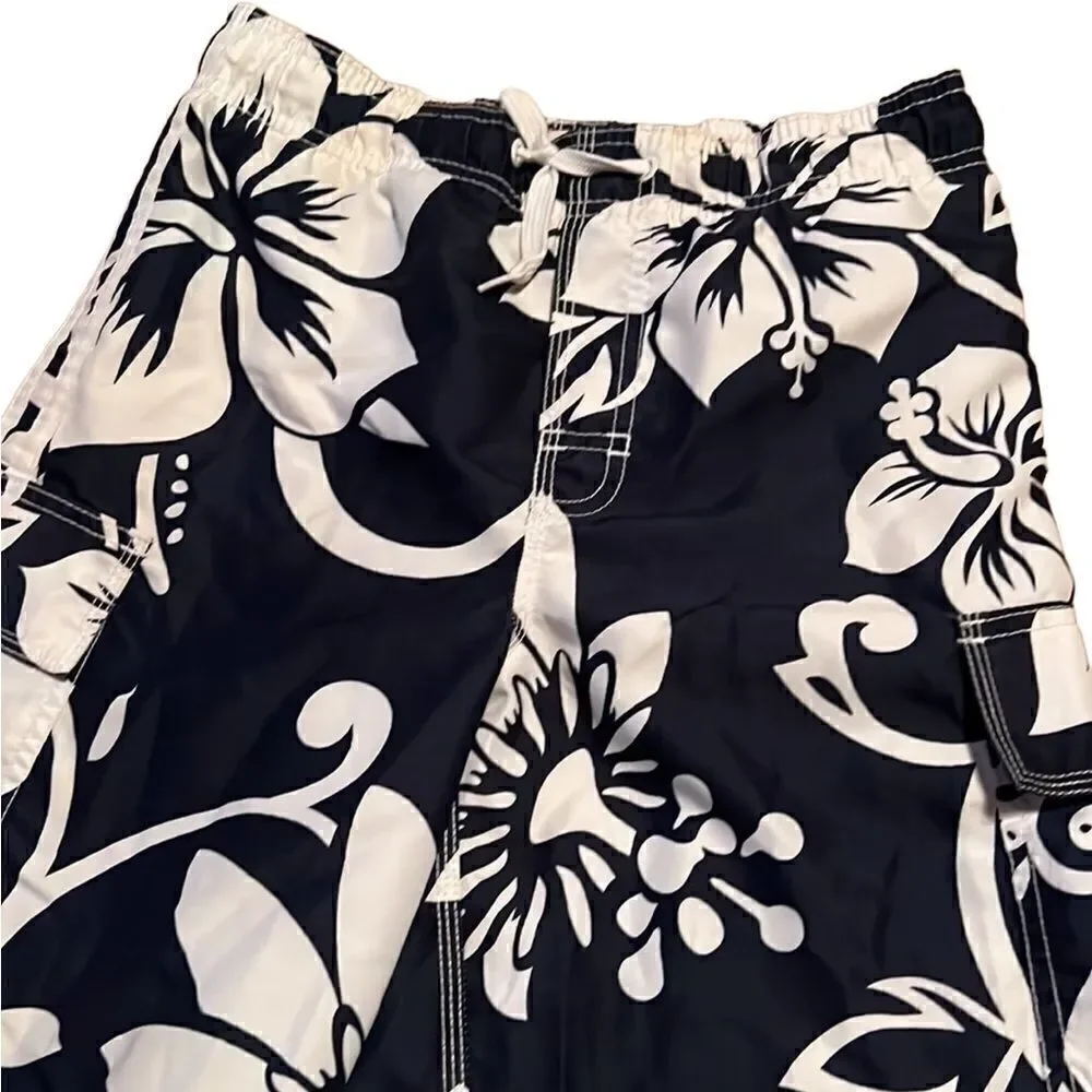 Old Navy Boys Large 10-12 Navy Blue & White Hibiscus Flowers Board Shorts Swim